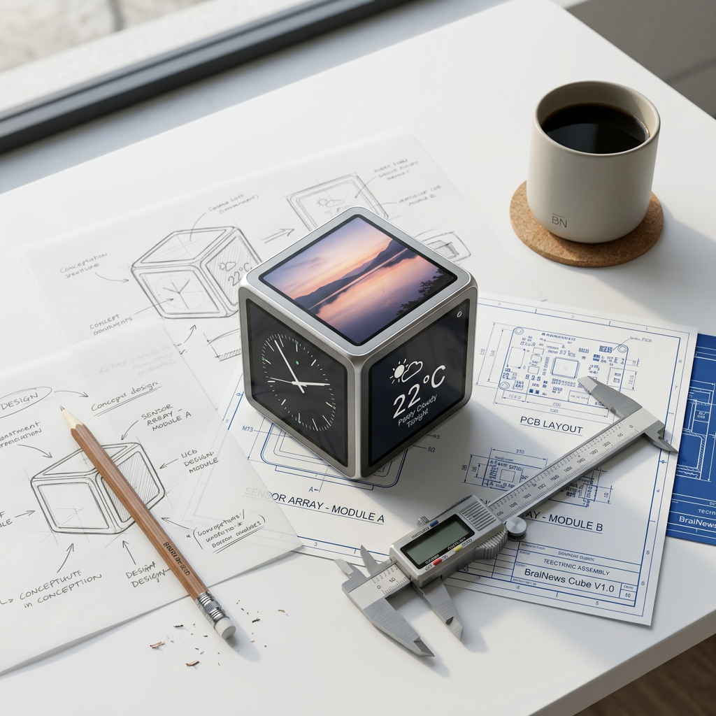 BraiNews design studio — sketches, blueprints, and Cube prototype